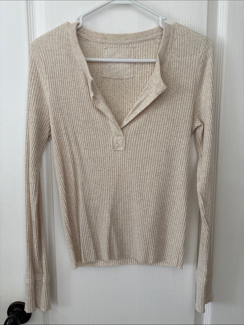 aerie Beige Ribbed Notch-Neck Long Sleeve Fitted Top